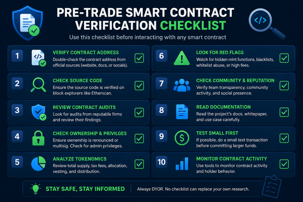 Infographic detailing four steps: 1. Check LP Lock status, 2. Run Token Sniffer/GoPlus security audit, 3. Verify top holders, 4. Test small trade sizing.